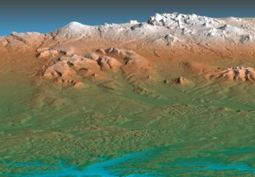 This perspective view acquired by NASA's Shuttle Radar Topography Mission from data collected on February 12, 2000 shows the western side of the volcanically active Kamchatka Peninsula, Russia.