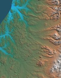 This topographic map acquired by NASA's Shuttle Radar Topography Mission from data collected on February 12, 2000 shows the western side of the volcanically active Kamchatka Peninsula, Russia.
