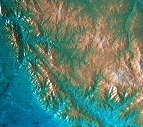 This topographic radar image acquired by NASA's Shuttle Radar Topography Mission from data collected on February 16, 2000 shows the relationship of the urban area of Pasadena, California to the natural contours of the land.