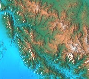 This topographic acquired by NASA's Shuttle Radar Topography Mission from data collected on February 16, 2000 shows the relationship of the urban area of Pasadena, California to the natural contours of the land.