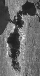 This radar image acquired by NASA's Shuttle Radar Topography Mission from data collected on February 16, 2000 shows the San Francisco Bay Area in California. Bay, lakes, roads and airport runways appear dark; buildings and trees appear bright.