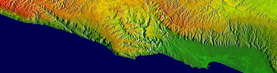 This elevation map shows a part of the southern coast of the Arabian Peninsula including parts of the countries of Oman and Yemen as seen by NASA's Shuttle Radar Topography Mission.