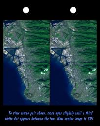 Honolulu, on the island of Oahu, is a large and growing urban area. This stereoscopic image pair, combining a Landsat image with topography measured by NASA's Shuttle Radar Topography Mission, shows how topography controls the urban pattern.