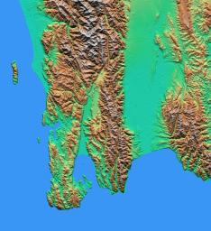 The topography of New Zealand's North Island is rich in seismic features: the sharp line cutting through the city of Wellington is the active Wellington Fault as seen by NASA's Shuttle Radar Topography Mission.