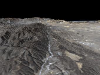 The prominent linear feature straight down the center of this perspective view is California's famous San Andreas Fault. The image was created with data from NASA's Shuttle Radar Topography Mission.