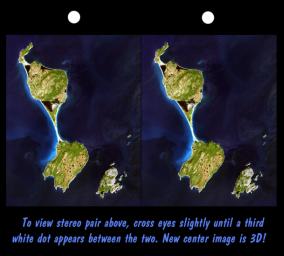 This stereoscopic satellite image showing Miquelon and Saint Pierre Islands, located south of Newfoundland, Canada, was generated by draping NASA's Landsat satellite image over a preliminary Shuttle Radar Topography Mission elevation model.