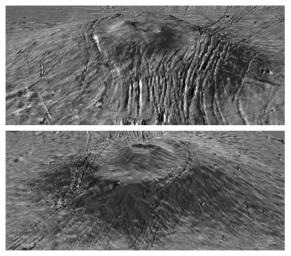 NASA's Mars Global Surveyor shows two views of the topography of a major volcano in the Alba Patera region on Mars.