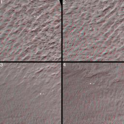 This stereo image mosaic from NASA's Mars Global Surveyor is of Mars' south polar terrain. 3D glasses are necessary to view this image.