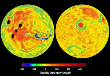 NASA's Mars Global Surveyor shows a vertical gravity map of Mars color-coded in mgals based on radio tracking. 