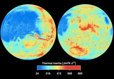 NASA's Mars Global Surveyor shows the global thermal inertia of the Martian surface as measured by the Thermal Emission Spectrometer instrument.
