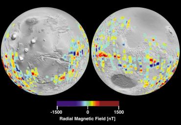 NASA's Mars Global Surveyor shows especially strong martian magnetic fields in the southern highlands near the Terra Cimmeria and Terra Sirenum regions, centered around 180 degrees longitude from the equator to the pole.
