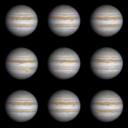 This sequence of nine true-color, narrow-angle images shows the varying appearance of Jupiter as it rotated through more than a complete 360-degree turn. Image from NASA's Cassini spacecraft.