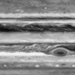 This frame from a movie shows counterclockwise atmospheric motion around Jupiter's Great Red Spot. Image taken by NASA's Cassini spacecraft during seven separate rotations of Jupiter between Oct. 1 and Oct. 5, 2000.