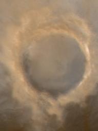 NASA's Mars Global Surveyor shows frosted craters of northern spring and southern autumn in Lomonosov Crater on Mars.