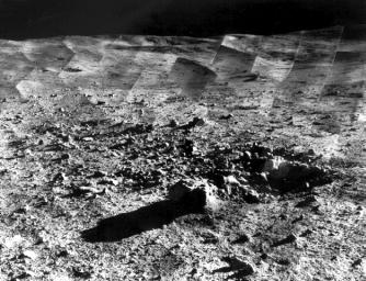Photomosaic of lunar panorama near the Tycho crater taken by Surveyor 7. The hills on the center horizon are about eight miles away from the spacecraft.