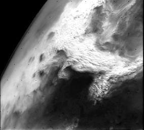 NASA's Viking Orbiter 2 image shows a large dust storm over the Thaumasia region on Mars. This large disturbance soon grew into the first global dust storm observed by the Viking Orbiters.