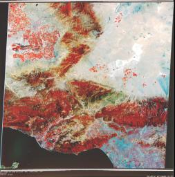 NASA's Landsat 1 was the first of what was to become a series of satellites designed to map and monitor the Earth's land surfaces. This view of Los Angeles and vicinity is a scene acquired by a single pass of Landsat 1 on 25 June 1974.
