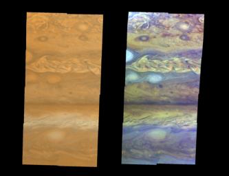 True-color (left) and false-color (right) mosaics of Jupiter's northern hemisphere between 10 and 50 degrees latitude. This image was taken by NASA's Galileo spacecraft on April 3, 1997 at a distance of 1.4 million kilometers.