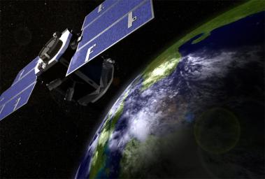 Artist's concept of NASA's CloudSat spacecraft, which will provide the first global survey of cloud properties to better understand their effects on both weather and climate.
