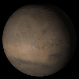NASA's Mars Global Surveyor shows the Tharsis face of Mars in mid-October 2005.