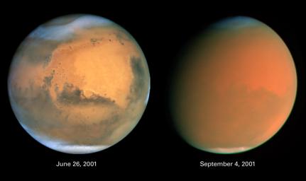 Two dramatically different faces of our Red Planet neighbor appear in these comparison images from NASA's Hubble Space Telescope, showing how a global dust storm engulfed Mars with the onset of Martian spring in the Southern Hemisphere.