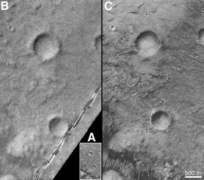 The outlines of NASA's Mariner 9, Viking, and Mars Global Surveyor images are shown are shown in this image from MGS's wide angle context image. In the right figure, sections of each of the three images showing the crater Airy-0 are presented.