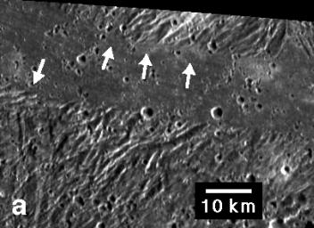 Embayment of ridges and troughs in a portion of the Sippar Sulcus area of Jupiter's moon Ganymede in this image from NASA's Galileo spacecraft is interpreted as evidence that the low-lying area was filled in by flooding with low-viscosity material.