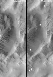 NASA's Mars Global Surveyor shows a portion of Lycus Sulci, a rugged, ridged terrain north of the giant Olympus Mons volcano on Mars. Dark streaks considered to result from the avalanching of dry, fine, bright dust.
