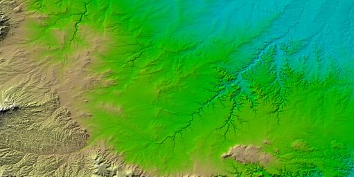 Erosional features are prominent in this view of southern Colorado taken NASA's Shuttle Radar Topography Mission. The area covers about 20,000 square kilometers and is located about 50 kilometers south of Pueblo, Colorado.