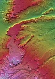 All of the major landforms relate to volcanism and/or erosion in NASA's Shuttle Radar Topography Mission scene of Patagonia, near La Esperanza, Argentina.