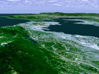 The defining landmarks of San Francisco, California, its bay and the San Andreas Fault are clearly seen in this computer-generated perspective from NASA's Shuttle Radar Topography Mission viewed from the south.