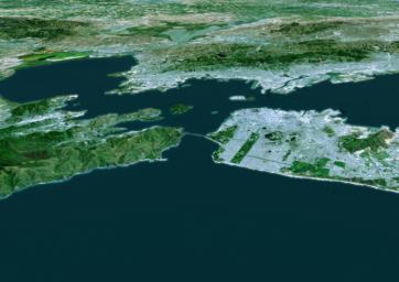 The cities of San Francisco and the East Bay, California are highlighted in this computer-generated perspective viewed from west of the Golden Gate by from NASA's Shuttle Radar Topography Mission.