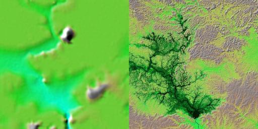 These two images show exactly the same area, Lake Balbina near Manaus, Brazil as seen by NASA's Shuttle Radar Topography Mission.