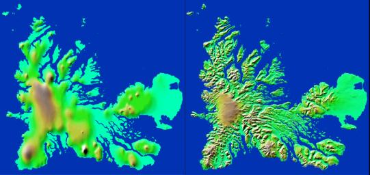 These two images show exactly the same area, Kerguelen Island in the southern Indian Ocean as seen by NASA's Shuttle Radar Topography Mission.