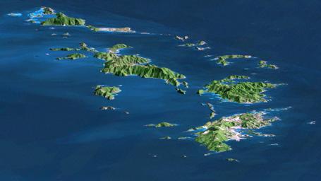 St. Thomas, St. John, Tortola, and Virgin Gorda are the four main islands in this view of the U.S. Virgin Islands and British Virgin Islands, along the perimeter of the Caribbean Sea. This image is from NASA's Shuttle Radar Topography Mission.