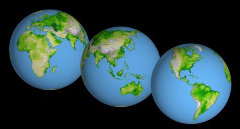 These images of the world were generated with data from the Shuttle Radar Topography Mission (SRTM). Two visualization methods were combined to produce the image: shading and color coding of topographic height.