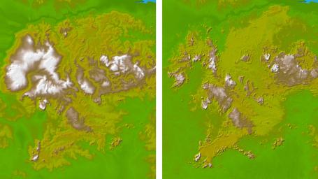These two images show the area in South America, the Guiana Highlands straddling the borders of Venezuela, Guyana and Brazil as seen by NASA's Shuttle Radar Topography Mission.
