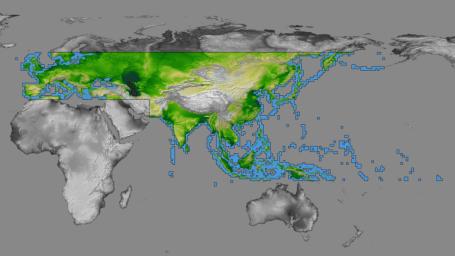 The colored regions of this map show the extent of digital elevation data released by NASA's Shuttle Radar Topography Mission (SRTM). This release includes data for most of Europe and Asia plus numerous islands in the Indian and Pacific Oceans.