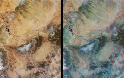 Northern Arizona and the Grand Canyon are captured in this pair of images from December 31, 2000 as seen by NASA's Terra satellite (Terra orbit 5525). 