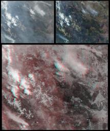 Several mountain ranges and a portion of the Amur River are visible in this set of stereo images of Russia's far east Khabarovsk region taken by the MISR instrument aboard NASA's Terra spacecraft. 3D glasses are necessary to view this image.