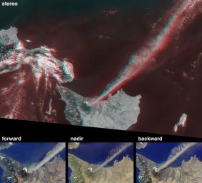 This anaglyph from the MISR instrument aboard NASA's Terra spacecraft shows the eruption of Mt. Etna volcano located near the eastern coast of Sicily on July 22, 2001. 3D glasses are necessary to view this image.