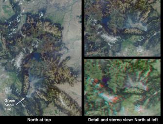 This anaglyph from the MISR instrument aboard NASA's Terra spacecraft shows the area around Jackson Hole, Wyoming, where the Green Knoll forest fire raged for many days in July, 2001. 3D glasses are necessary to view this image.