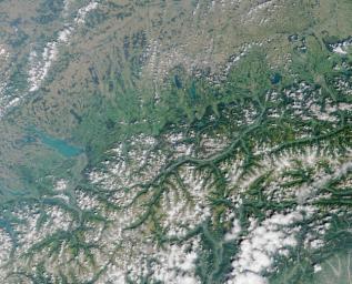 Lake Constance, bordered by Switzerland, Germany, and Austria. This image from NASA's Terra satellite is MISR Mystery Image Quiz #2.
