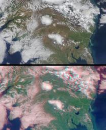 Two of Iceland's larger icecaps, Langjkull (located just below image center) and Hofsjkull (just above center) can be clearly seen in this anaglyph from the MISR instrument aboard NASA's Terra spacecraft. 3D glasses are necessary to view this image.