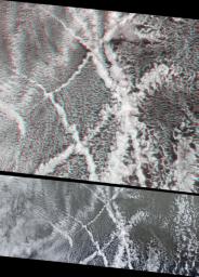 These images, taken by the MISR instrument aboard NASA's Terra spacecraft, are centered over the Pacific Ocean, about 1600 kilometers west of San Francisco. 3D glasses are necessary to view this image.