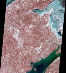 Decked out in reds, greens, blues and whites, this image captured by NASA's Terra satellite March 8, 2001 highlights the Canadian province of New Brunswick.