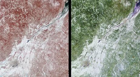 These images of Canada's Qubec province were acquired by NASA's Terra satelliteon March 4, 2001.The region's forests are a mixture of coniferous and hardwood trees, and 'sugar-shack' festivities are held at this time of year to celebrate the beginning o