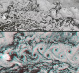 Marine stratocumulus clouds frequently form parallel rows, or 'cloud streets,' along the direction of wind flow. NASA's Terra spacecraft captured this stereo image of Jan Mayen island's Beerenberg volcano. 3D glasses are necessary to view this image.