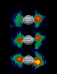 Details in radiation belts close to Jupiter are mapped from measurements that NASA's Cassini spacecraft made of radio emission from high-energy electrons moving at nearly the speed of light within the belts.