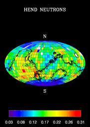 A high content of hydrogen in Mars' southern polar region is apparent in this global map of high-energy neutrons measured by NASA's Mars Odyssey spacecraft.